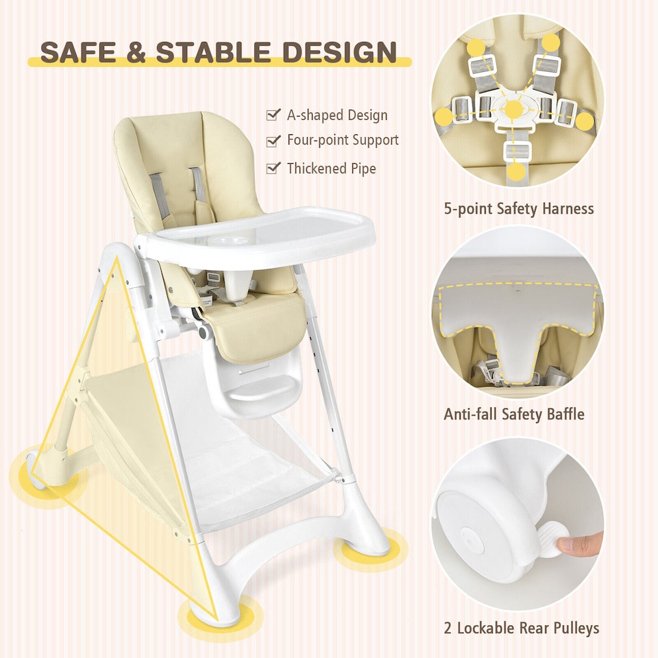 image 1 of COSTWAY Folding Baby High Chair Convertible Dining Chair Portable Highchair-Beige
