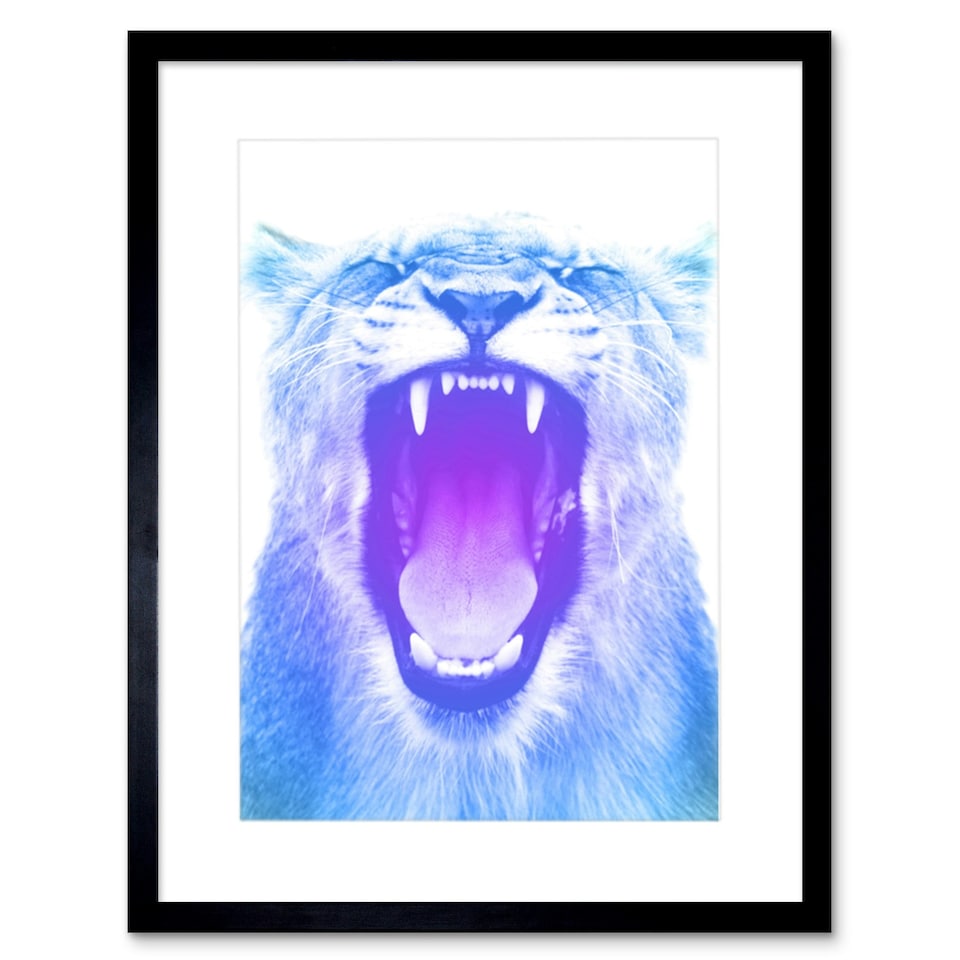 image 1 of Lion Roar Blue Purple Modern Big Cat Lover 9x7" Black Framed Wall Art Print