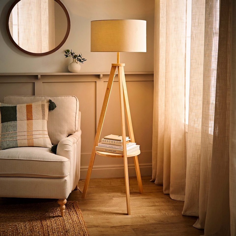 image 1 of ValueLights Morrigan Natural Shade Wood Tripod Floor Lamp | Cream