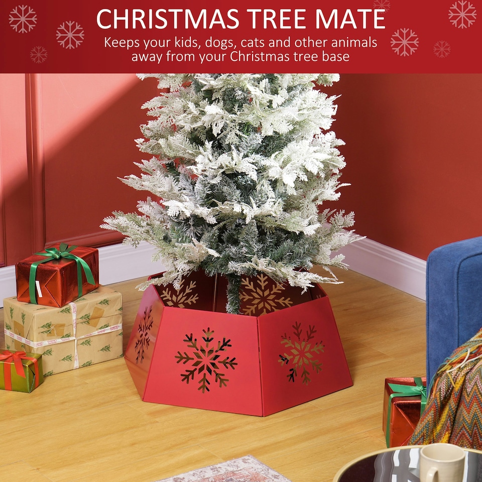 image 1 of HOMCOM Hexagon Christmas Tree Base Cover with Hollow Snowflake Patterns Red