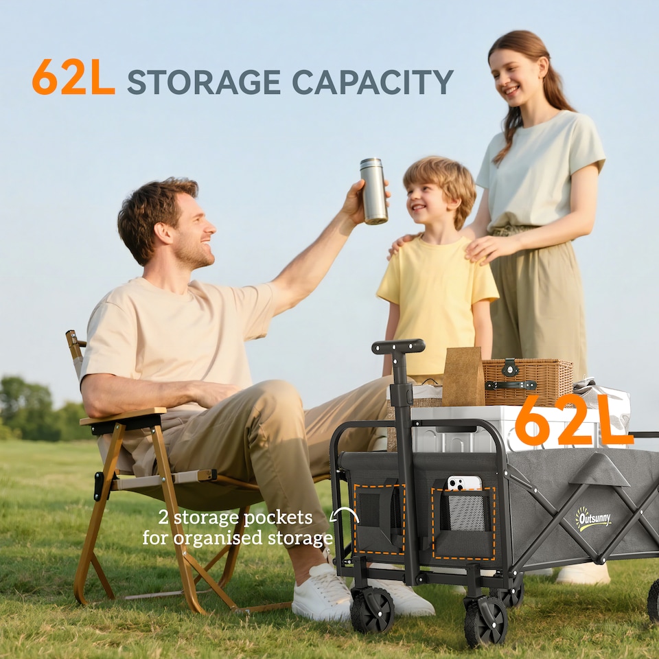 image 1 of Outsunny 62L Festival Trolley on Wheels, Garden Folding Trolley Cart, 120kg Heavy Duty Collapsible Folding Wagon with Adjustable Handle and Carrying Bag for Beach, Camping, Festival, Grey