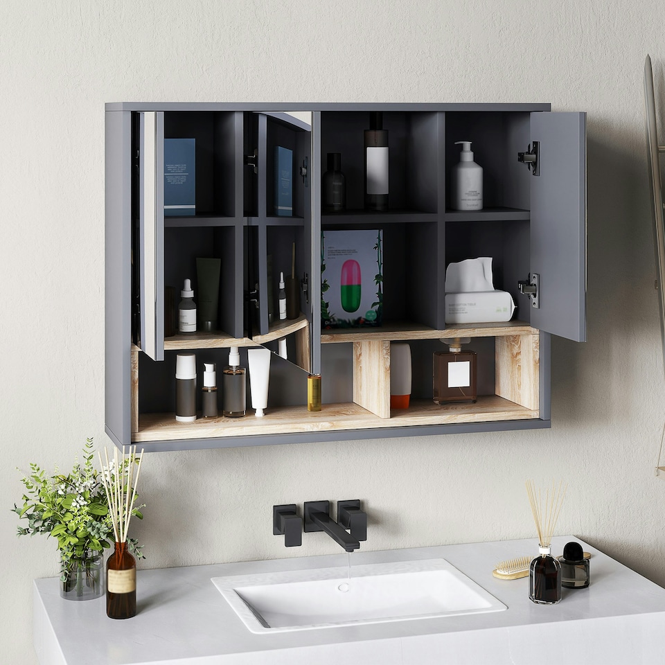 image 1 of HOMCOM Bathroom Cabinet Wall Mounted Mirror Storage with Shelves Grey