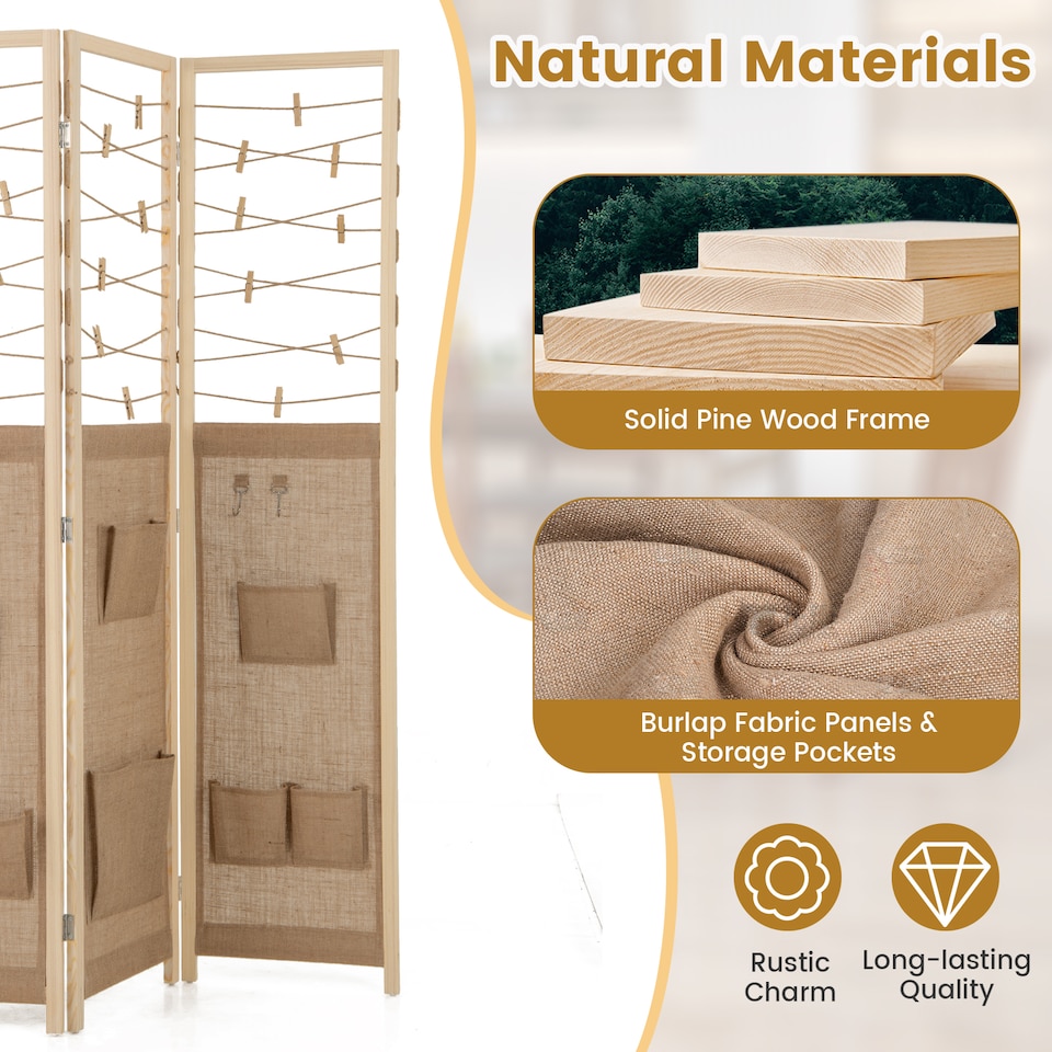 image 1 of COSTWAY 3 Panel Room Divider Folding Display Stand 8 Storage Pockets Natural