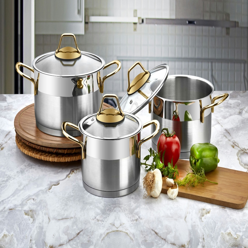 image 1 of Luna Collection 6-piece Stainless Steel Mini Cookware Set (Gold Handles)