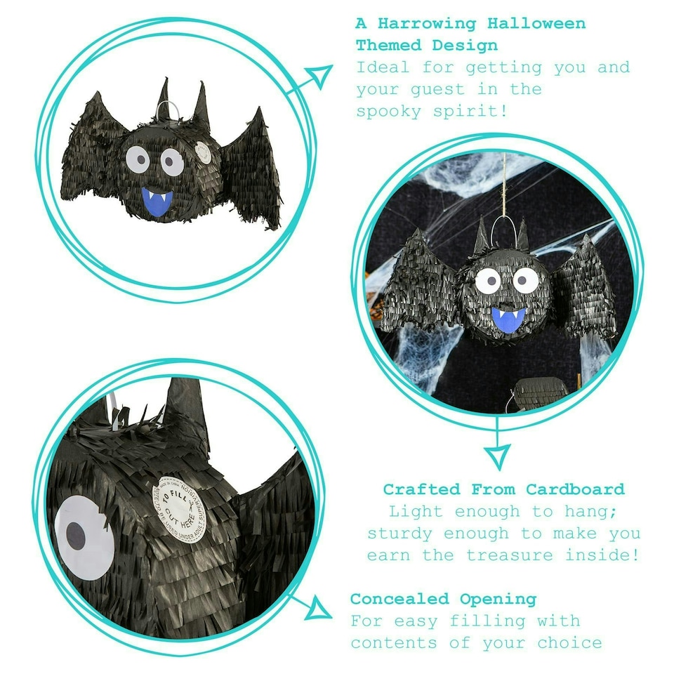 image 1 of Pinatas Halloween Bat Cardboard Pinata, Stick and Blindfold Set - W56cm x D10.5cm x H30cm - Black
