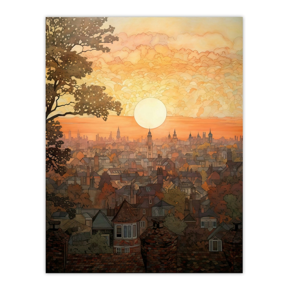 image 1 of Sunset Over Oxford City Watercolour Orange Black Framed Wall Art Print A4
