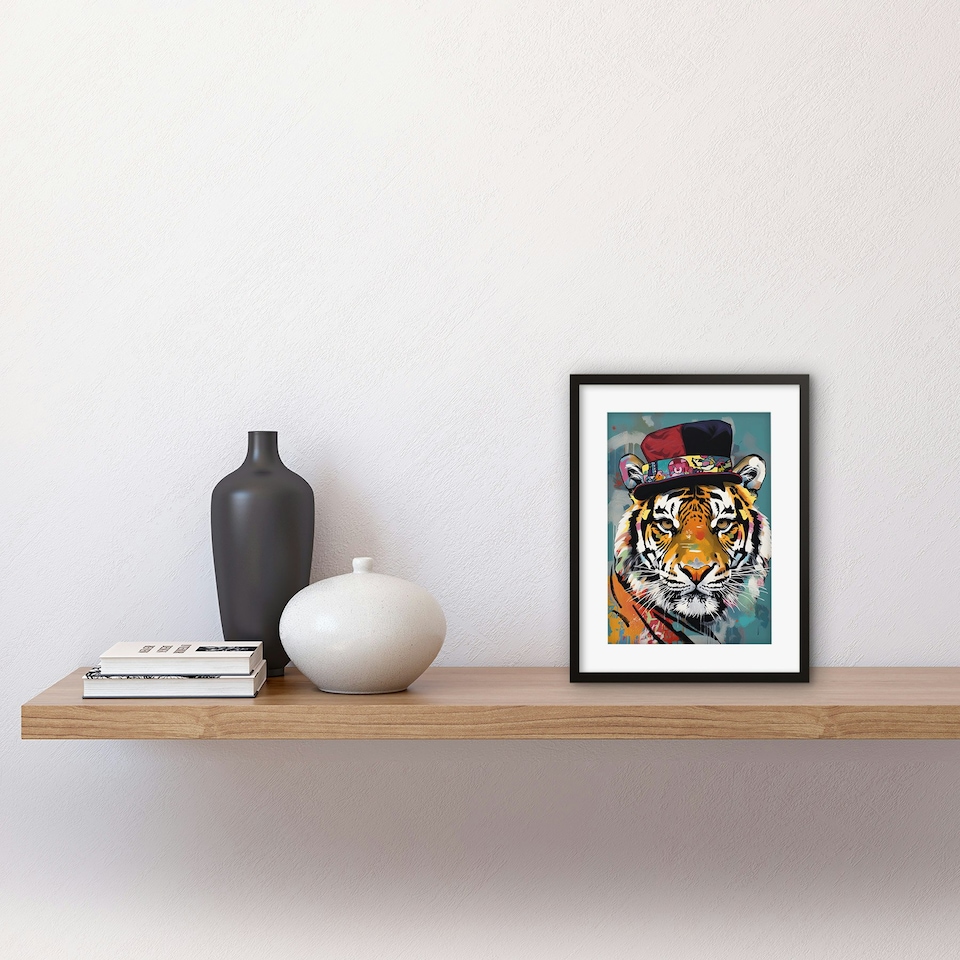image 1 of Tiger Wearing Soft Felt Top Hat Modern Folk Art 9x7" Black Framed Wall Art Print