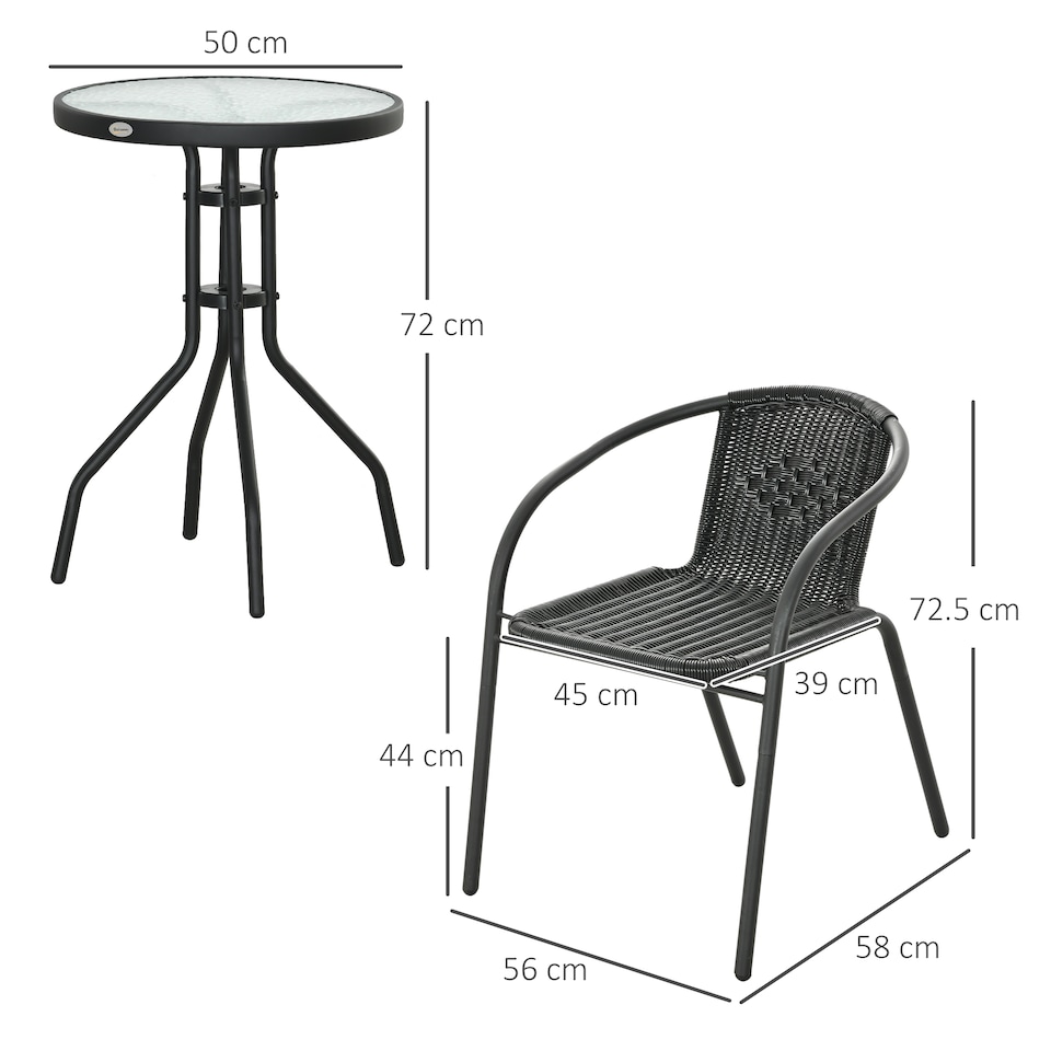 image 1 of Outsunny 3 Pieces Rattan Bistro Set, 2 Seater Garden Furniture Set with Coffee Table and Stackable Chairs, Wicker Outdoor Table and Chairs for Garden, Porch, Balcony, Black