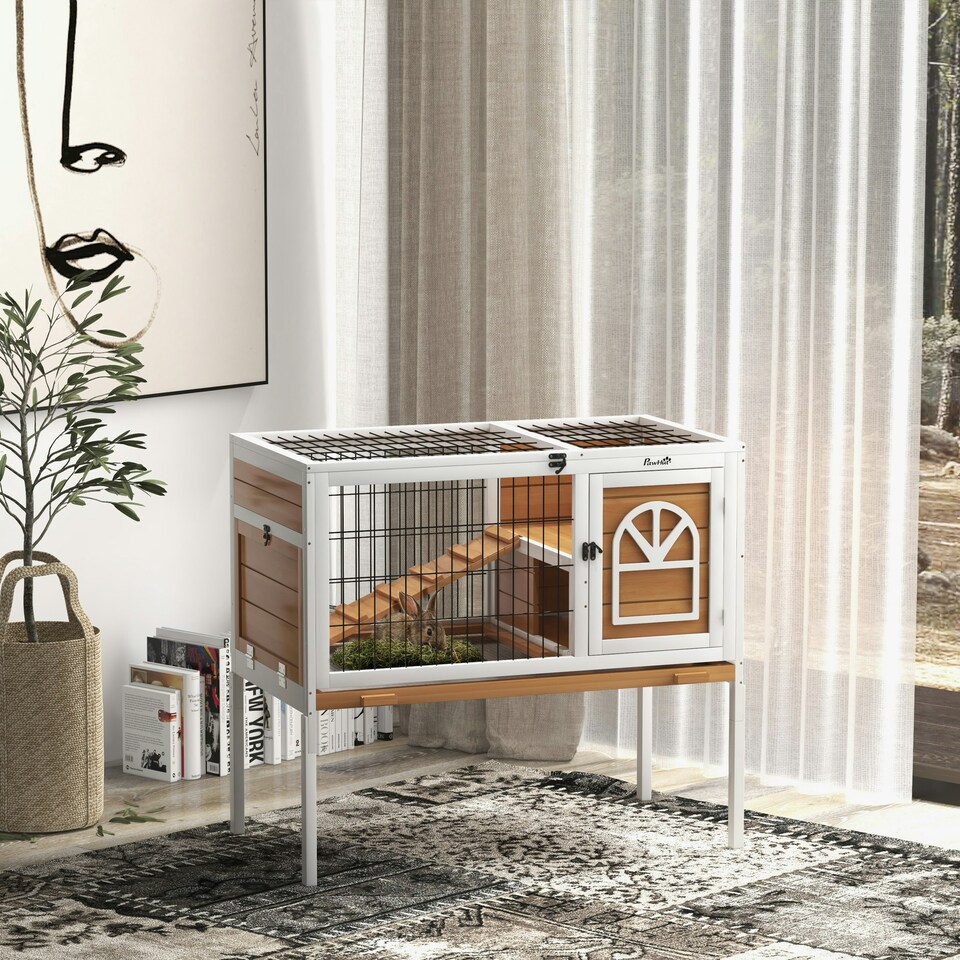image 1 of PawHut Wooden Rabbit Hutch, Small Animal House w/ Removable Tray, Openable Roof