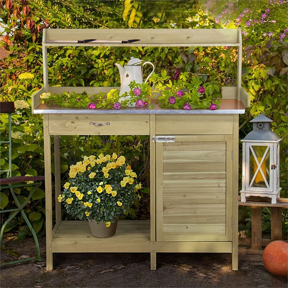 image 1 of Yaheetech Outdoor Garden Potting Bench with Cabinet Drawer Open Shelf-Light Brown | Green | Light Green | One Size | 1