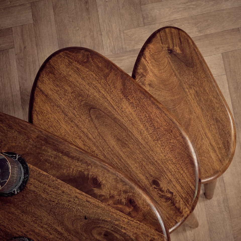 image 1 of 3 Piece Nesting Coffee Table Set – Solid Mango Wood Nest of Tables, Dark Oak Finish Wooden Side Tables for Living Room, Rustic Modern Sofa End Tables, No Veneer