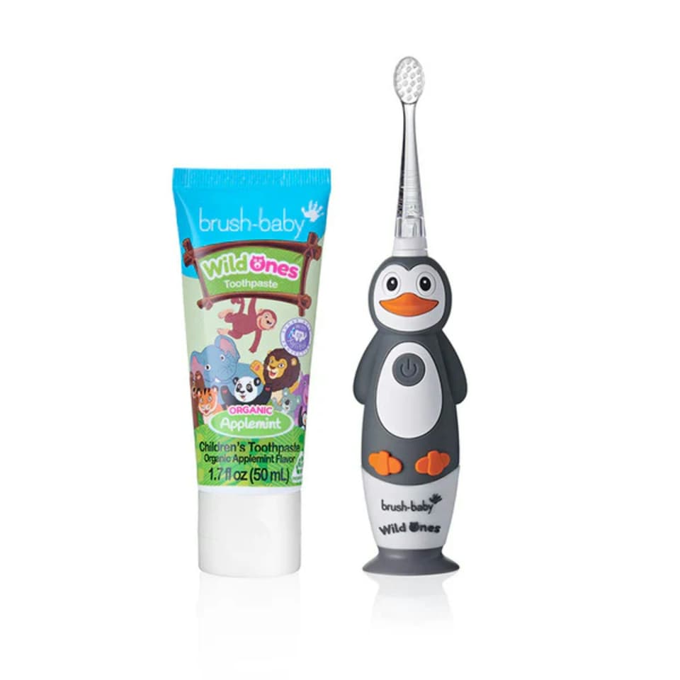 image 1 of Brush Baby WildOnes™ Penguin Kids Electric Rechargeable Toothbrush & Applemint Toothpaste