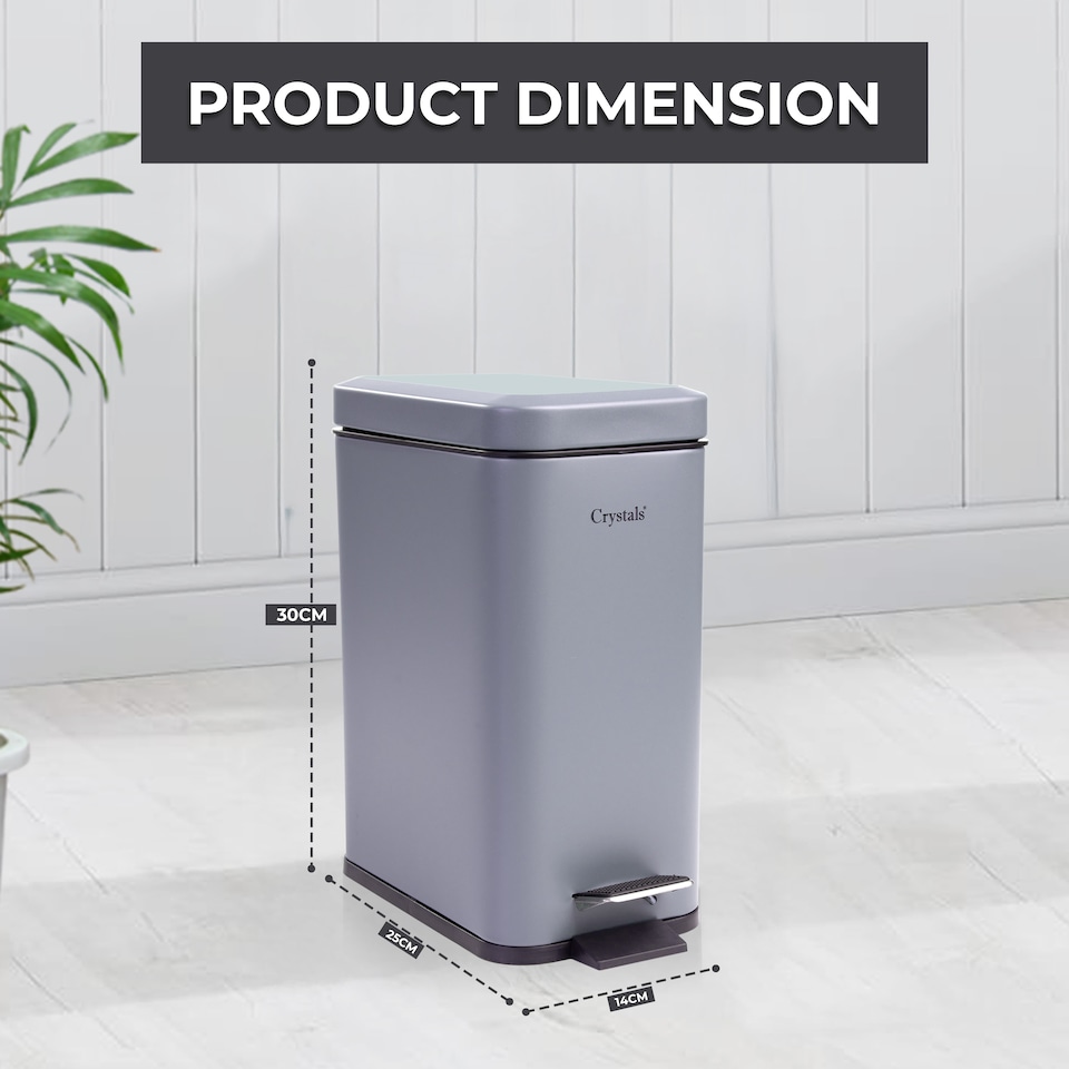 image 1 of 5L BATHROOM SLIM KITCHEN PEDAL RECTANGULAR BIN WASTE WITH SOFT CLOSING LID GREY