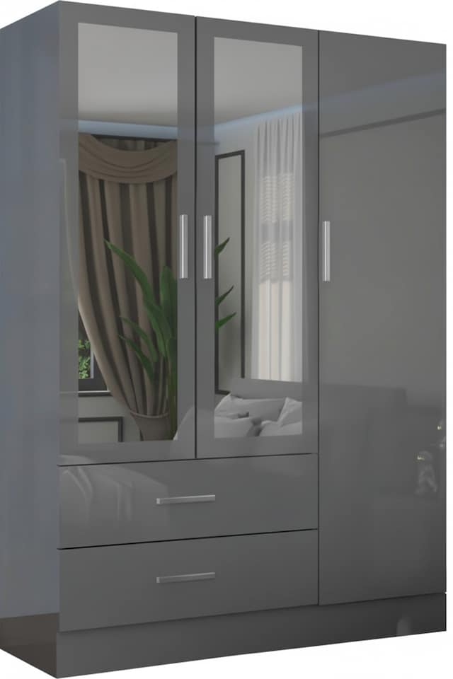 image 1 of Sliding Wardrobes 4U High Gloss Wardrobe Range with Mirror & Gold Handles - Available in 2, 3 or 4 Door Sizes, White, Black or Grey Finish | Grey | Grey 116cm