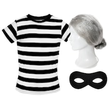 Grandma Burglar Costume - Short Sleeve Top, Grey Bun Wig & Mask Black | S