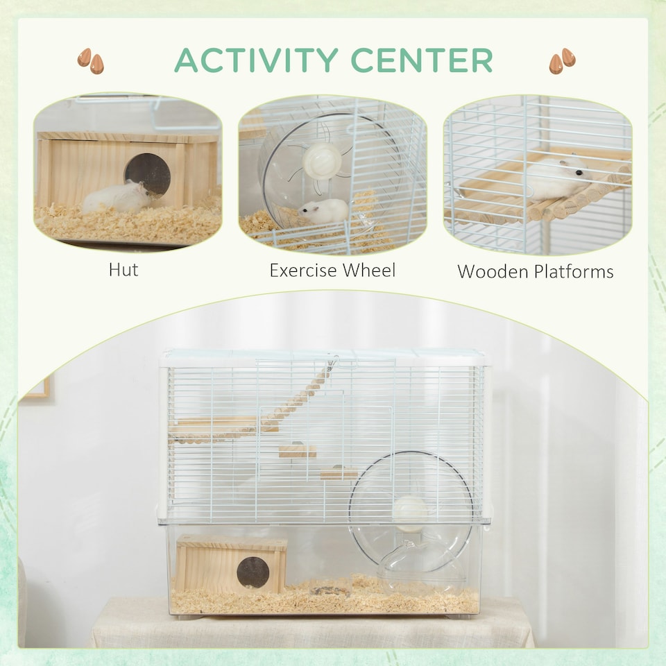 image 1 of PawHut Hamster Cage, Gerbil Cage w/ Deep Bottom, Wooden Ramp, Exercise Wheel