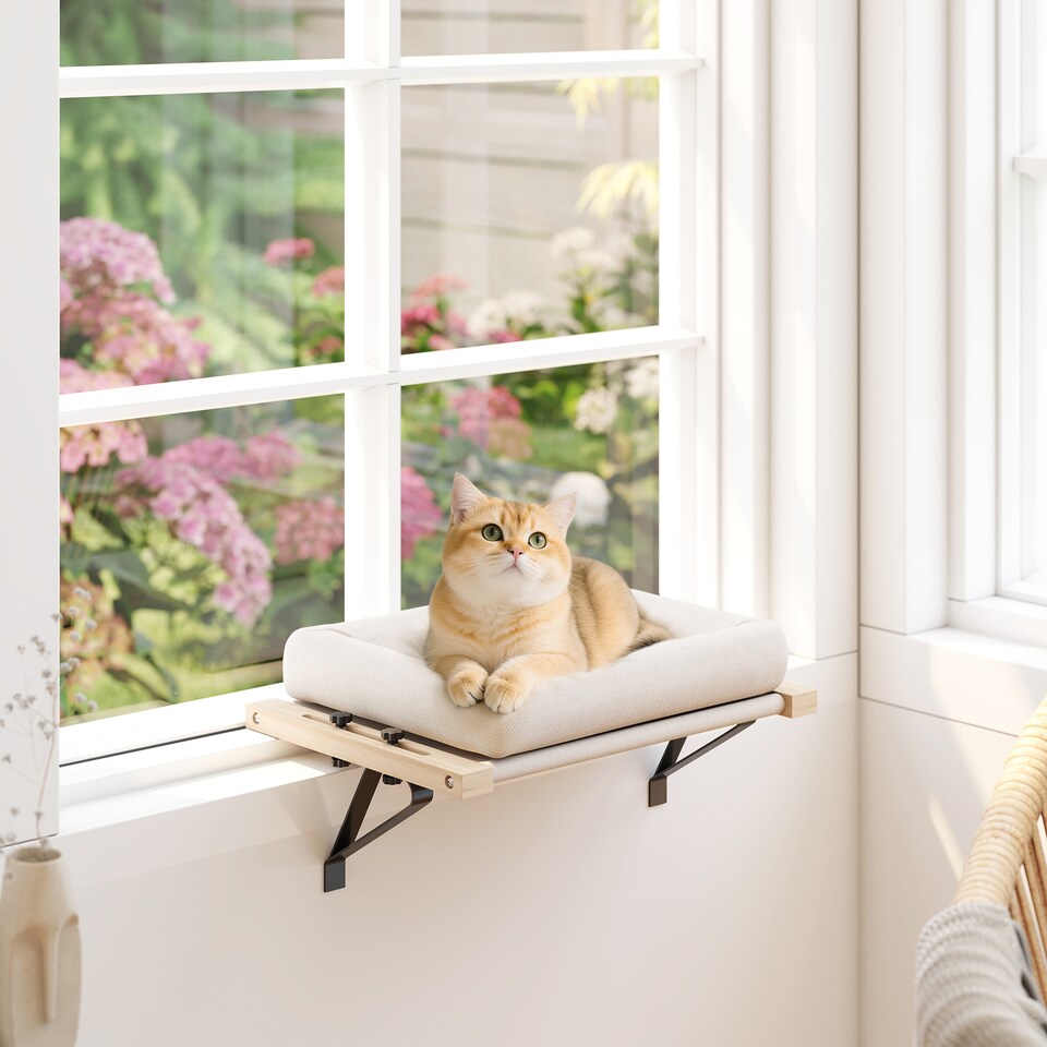 image 1 of PawHut Cat Radiator Bed, Adjustable Hanging Cat Hammock with Cushion, Cream | Cream