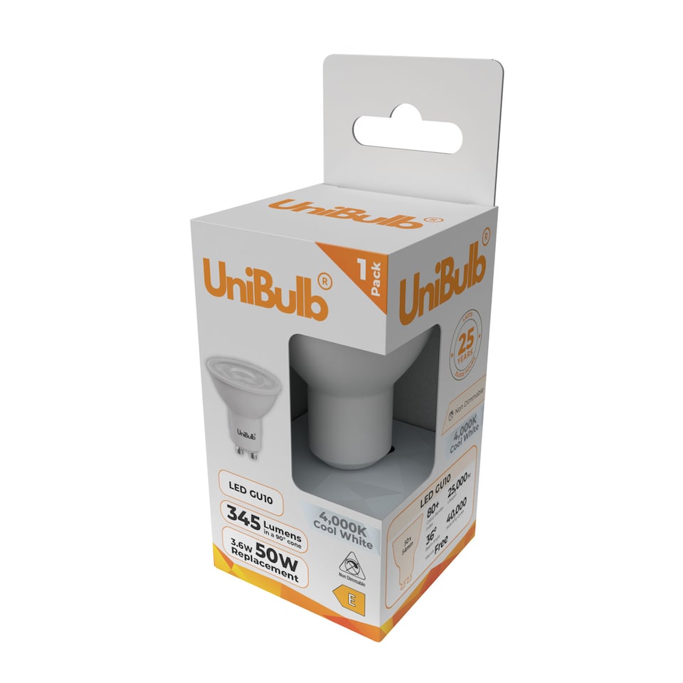 image 1 of UniBulb LED GU10 345lm 3.6W 3000K (Warm White) Spotlight Downlight Light Bulb - Pack of 1 | White | Warm White | 1