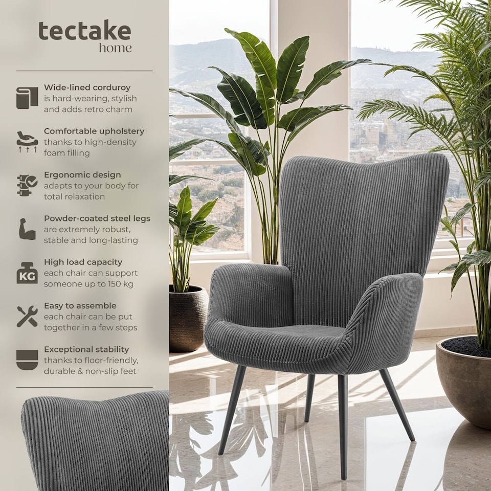 image 1 of Armchair Hygge - padded, armrests and ergonomic backrest, 150 kg load capacity | Grey | Wide cord anthracite/black | One Size | 1