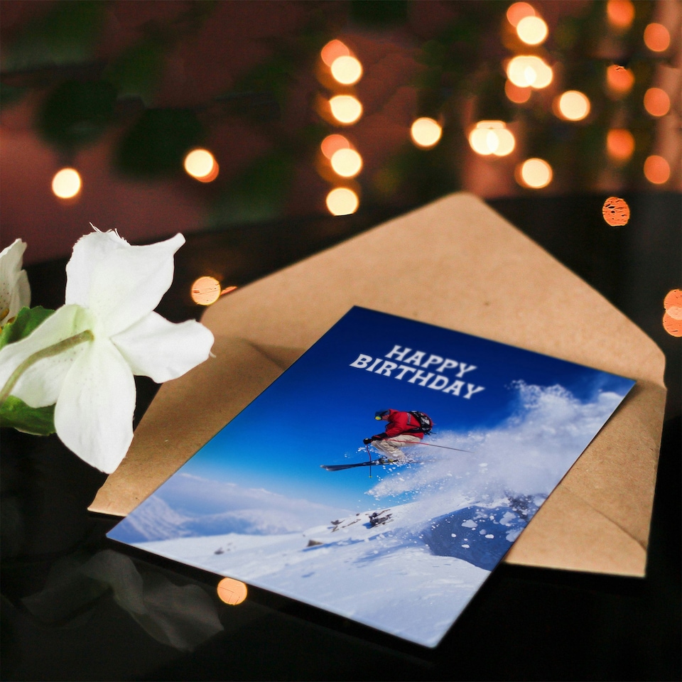 image 1 of Happy Birthday Skier Ski Jump Snow Sport Photo Birthday Card