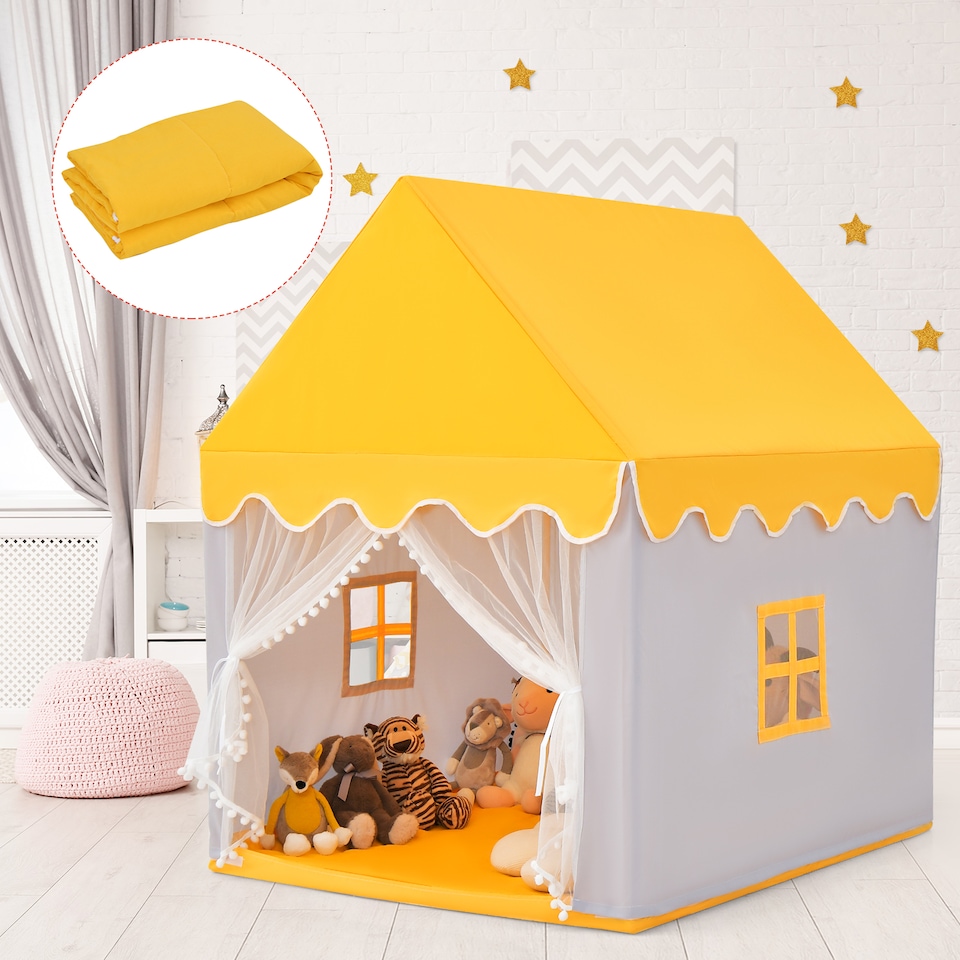image 1 of COSTWAY Kids Play Tent Indoor Playhouse with Padded Mat-Yellow