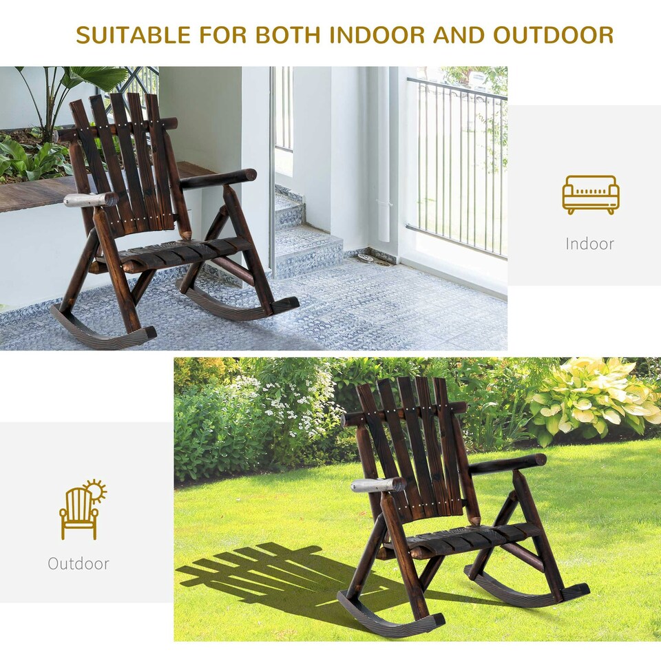 image 1 of Outsunny Fir Wood Rustic Patio Adirondack Rocking Chair Brown