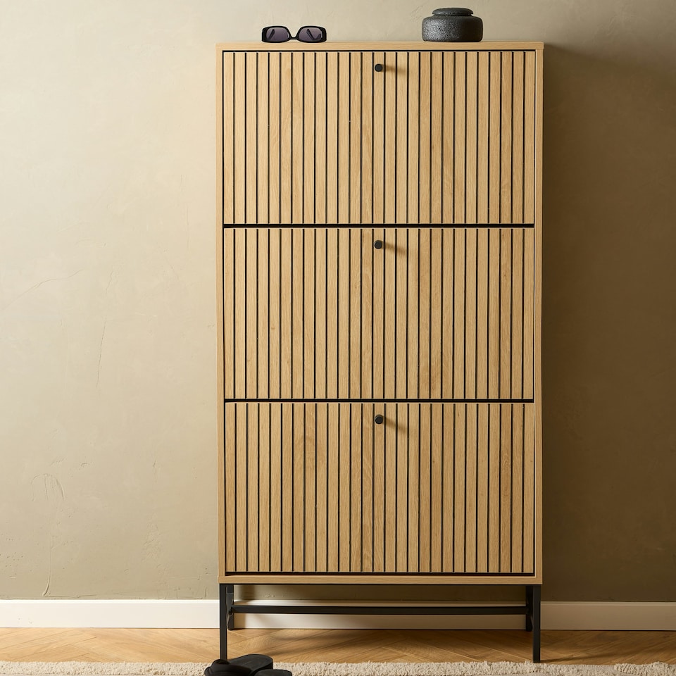 image 1 of Albany Shoe Cabinet 3 Flip Down Doors in Oak/Black Legs