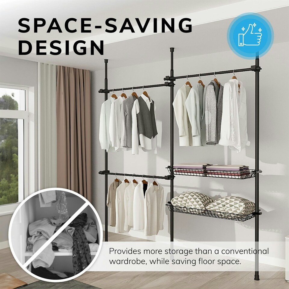 image 1 of Telescopic Wardrobe Organiser Double Black Rail Clothes Rack Baskets Storage Black | One Size