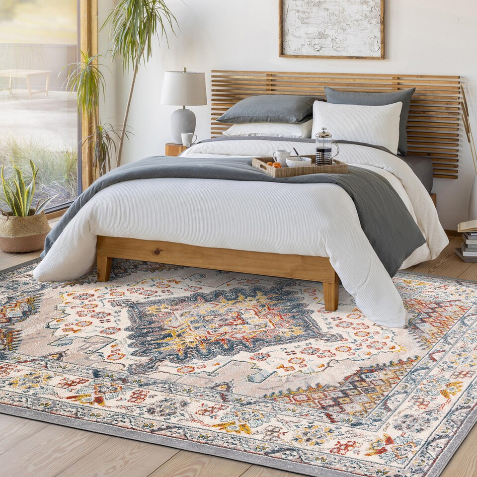 image 1 of LIVABLISS Ankara-Vintage Traditional Boho Square Rug 200 x 200 cm | Grey Taupe Blue