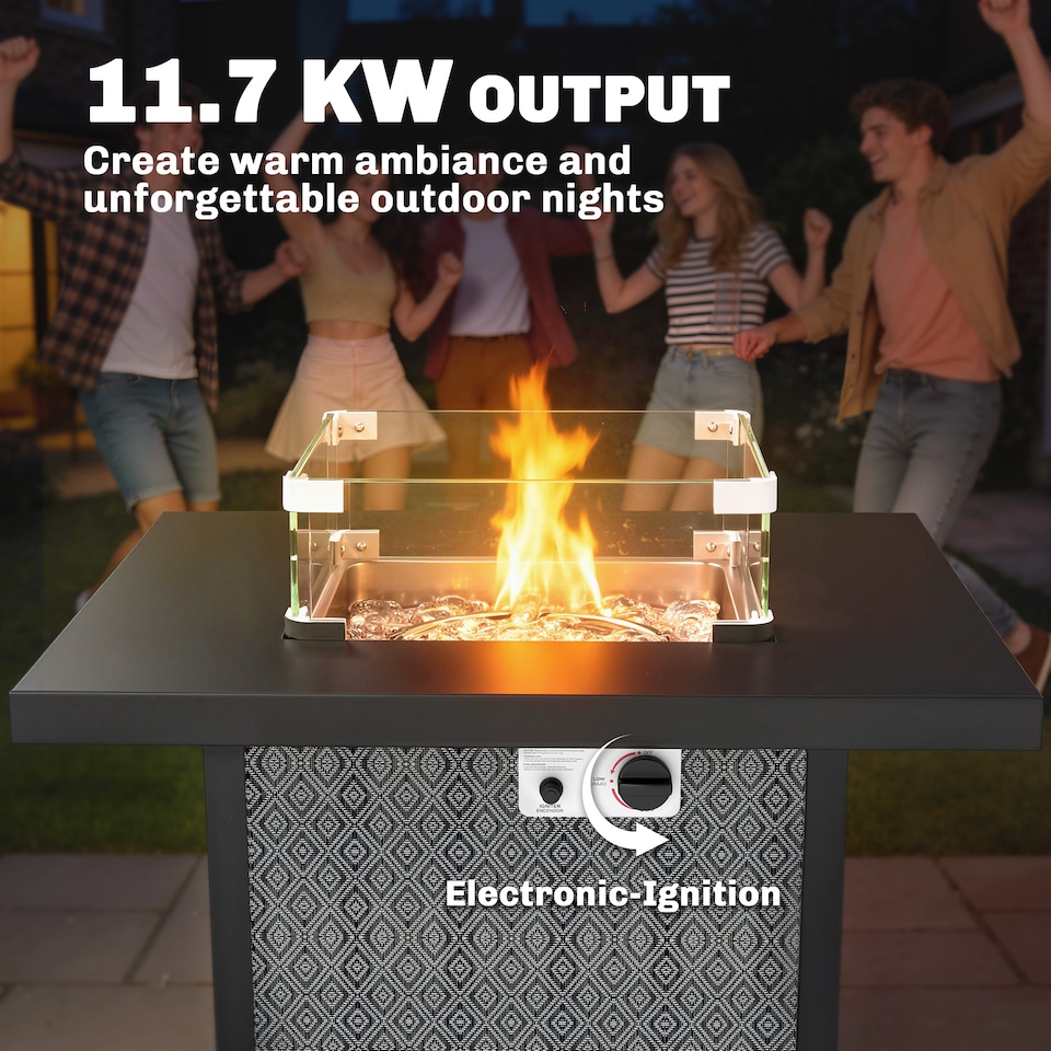 image 1 of Outsunny Propane Gas Fire Pit Table for Garden, 11.7 KW Smokeless Firepit | Black | Black with silver geometric pattern | 71 x 71 x 63 cm