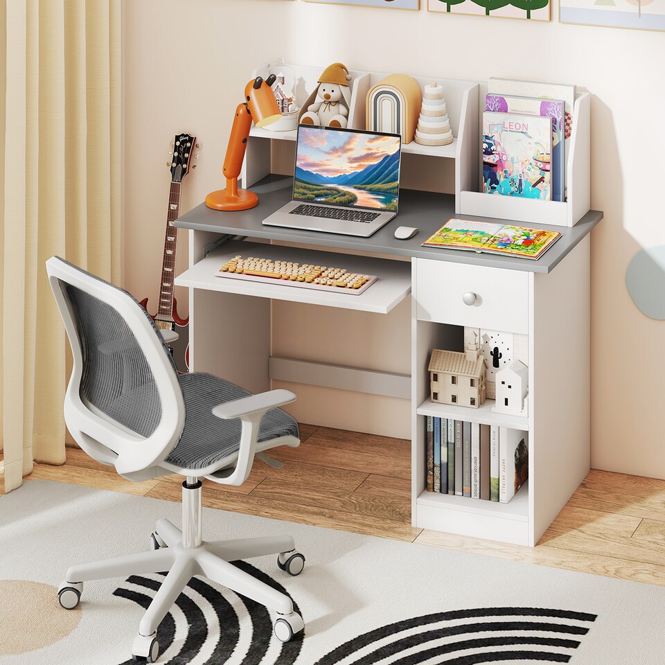 image 1 of COSTWAY Kids Study Desk Wooden Writing Table with Keyboard Tray & Drawer-Grey