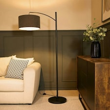 ValueLights Preto Black Metal Curve Stem Floor Lamp with a Charcoal Grey Boucle Shade - Bulb Included