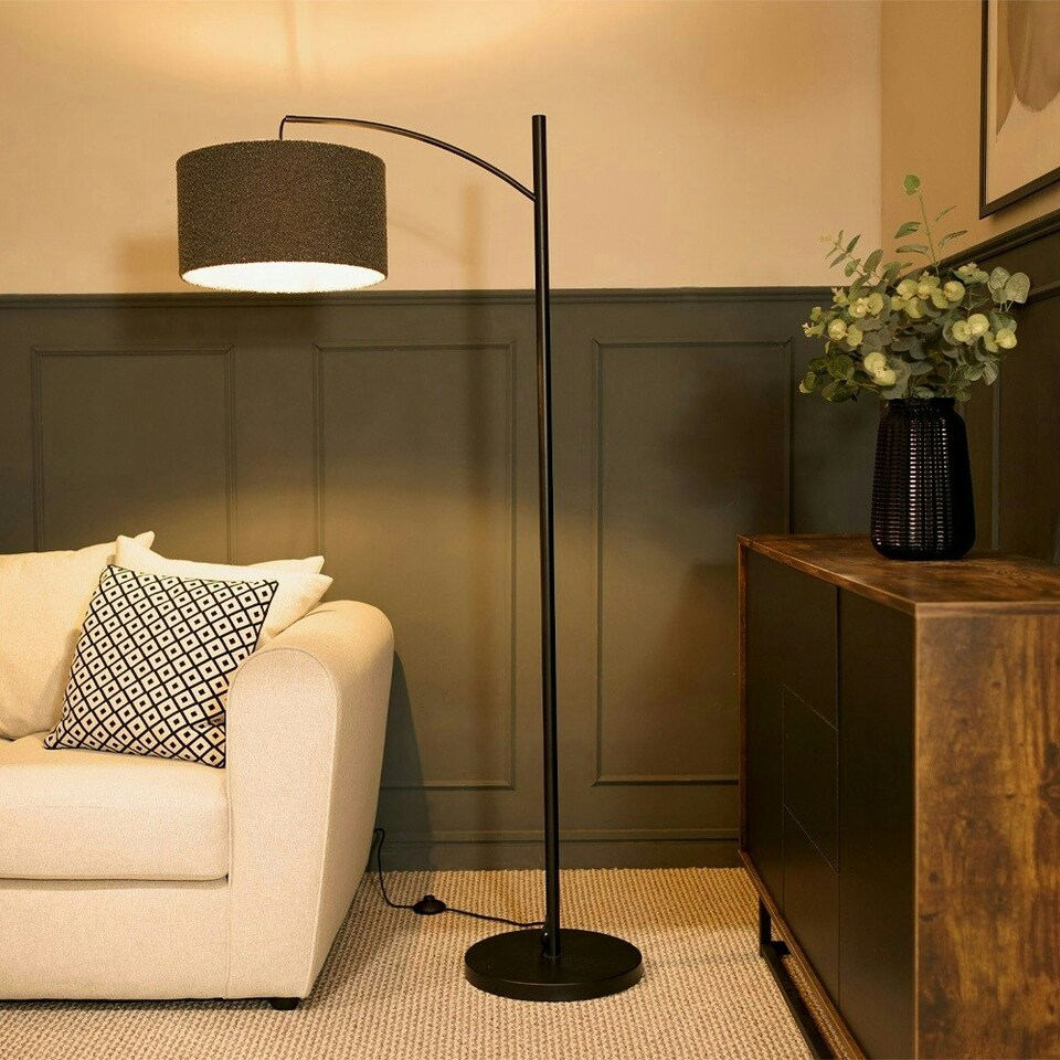 image 1 of ValueLights Preto Black Metal Curve Stem Floor Lamp with a Charcoal Grey Boucle Shade - Bulb Included