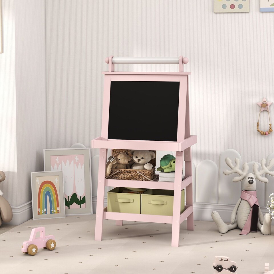 image 1 of AIYAPLAY Double-Sided Art Easel for Kids w/ Paper Roll, Storage Baskets Pink
