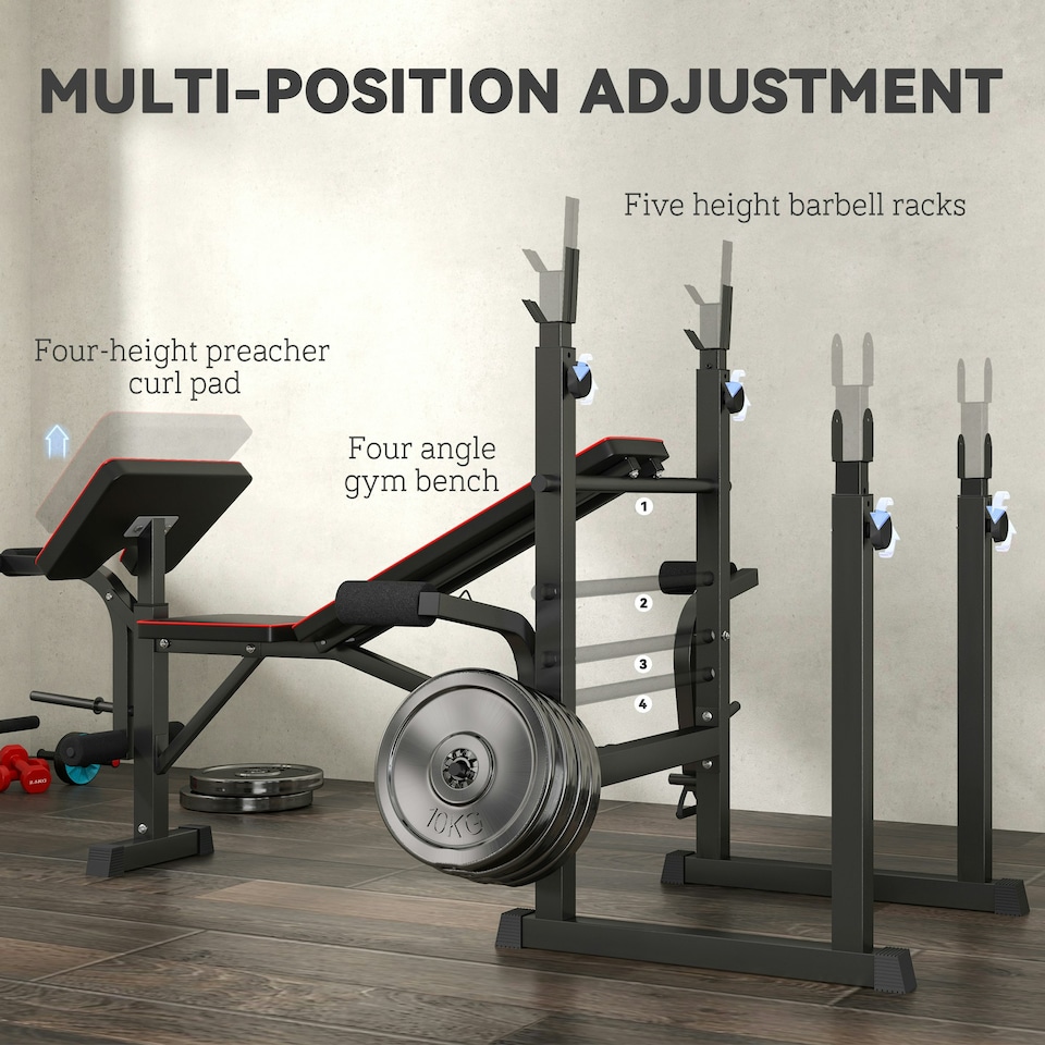 image 1 of SPORTNOW Weight Bench with Two Barbell Racks, Preacher Curl Bench