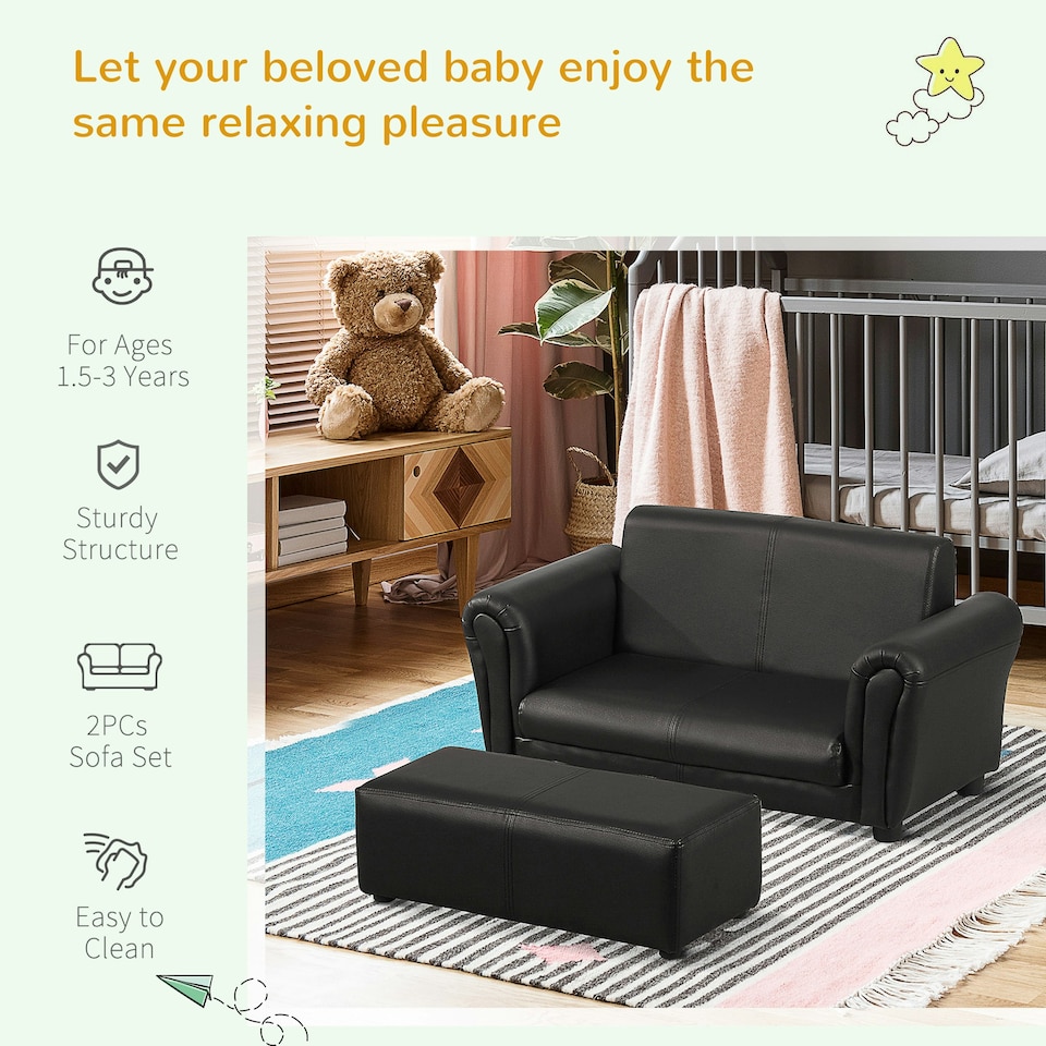 image 1 of HOMCOM Kids Twin Sofa 2 Seater Toddler Chair Double Seat Armchair w/ Footstool 