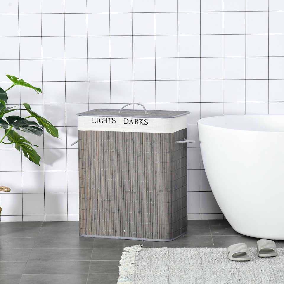 image 1 of HOMCOM 100L Laundry Basket with Lid String Handles, 2 Section Collapsible Hamper Removable Lining Foldable Water-Resistant Dirty Clothes Storage, Grey