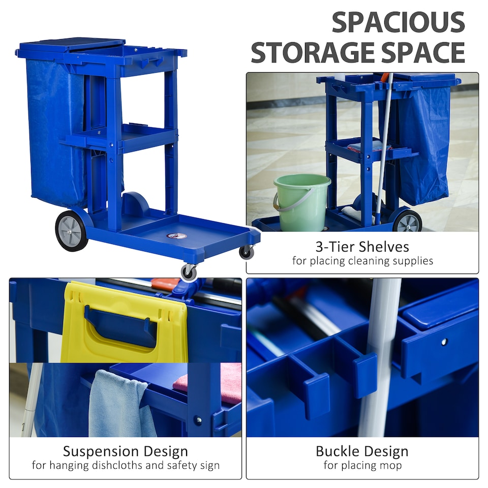 image 1 of HOMCOM Cleaning Carts On Wheels, Janitorial Trolley with 3 Tier Shelves, Housekeeping Utility Service Unit with Rubbish Bag and Mop Mount for Hotel, Office, Blue