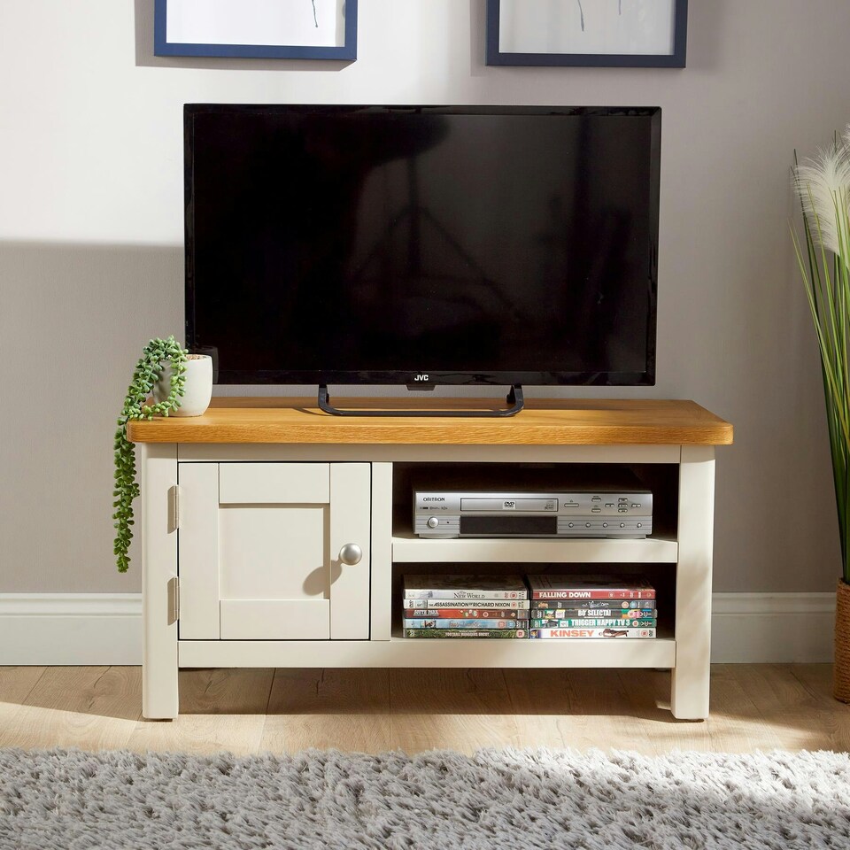image 1 of Ramsgate Small TV Stand 1 Door Media Storage Cabinet Solid Wood Unit Home Grey Grey
