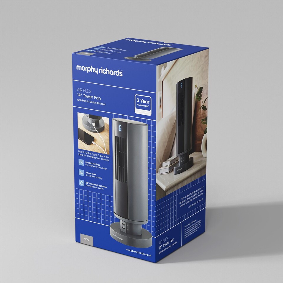 image 1 of Air Flex 14 Tower Fan with Built In Device Charger Grey