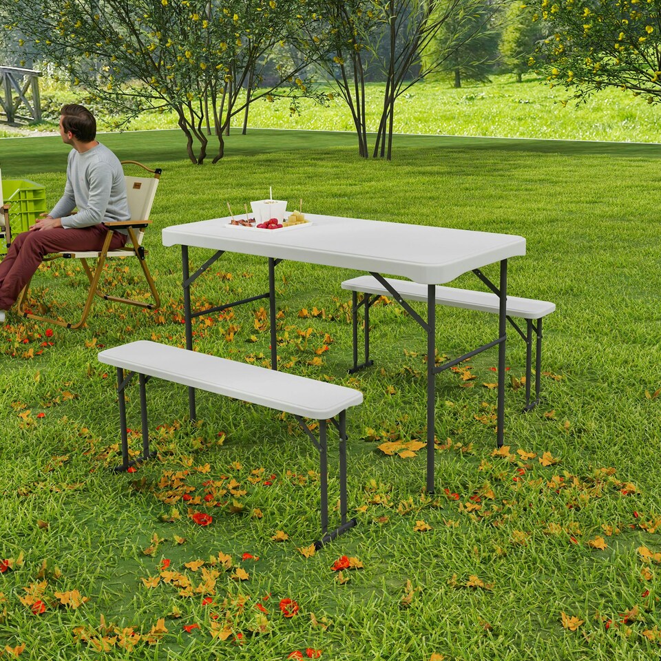 image 1 of Outsunny 3 Piece Folding Picnic Table and Bench Set w/ Handle, White