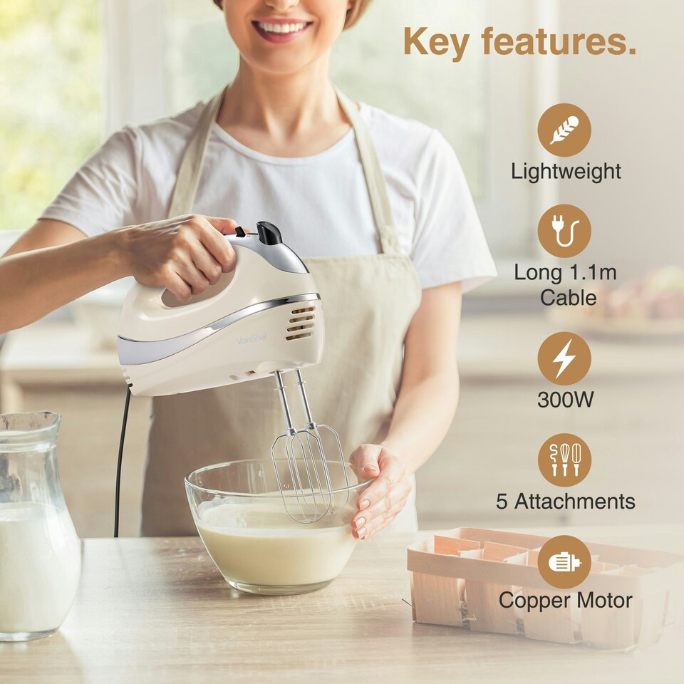 image 1 of VonShef 300W Cream Hand Mixer Electric Whisk with 5 Speeds