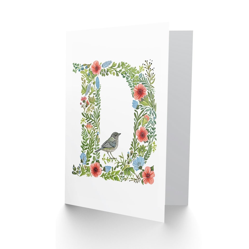 image 1 of Letter D Flowers with Bird Garden Floral Alphabet Birthday Card