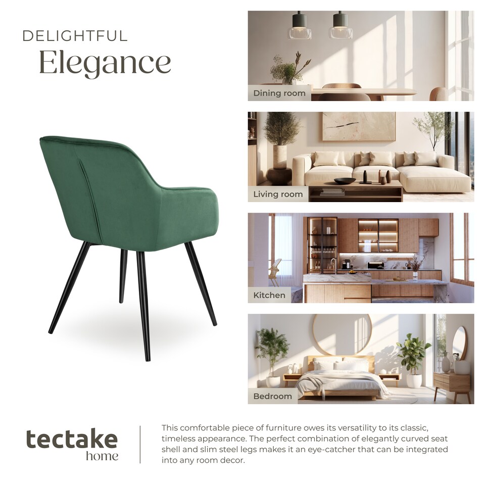 image 1 of Dining Chair Marilyn - with armrests, padded, velvet look, black steel legs | Green | dark green / black | 2