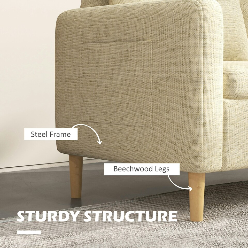 image 1 of HOMCOM 2 Seater Sofa Modern Fabric Couch with Wood Legs and 2 Pockets Beige