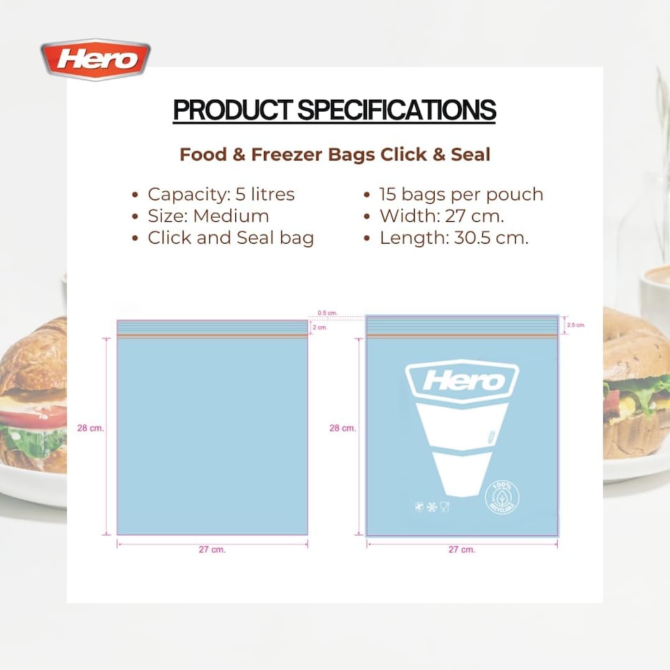 image 1 of Hero Sealable Freezer Bags 1.5L Pack of 15 Large Click Lock Food Storage Bags BPA Free for Fruits, Vegetables and Meal Prep