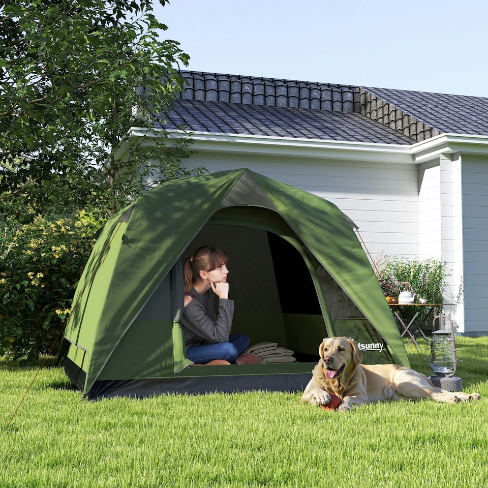 image 1 of Outsunny 3-4 Person Camping Tent, Waterproof Tent Orange | Orange, Grey