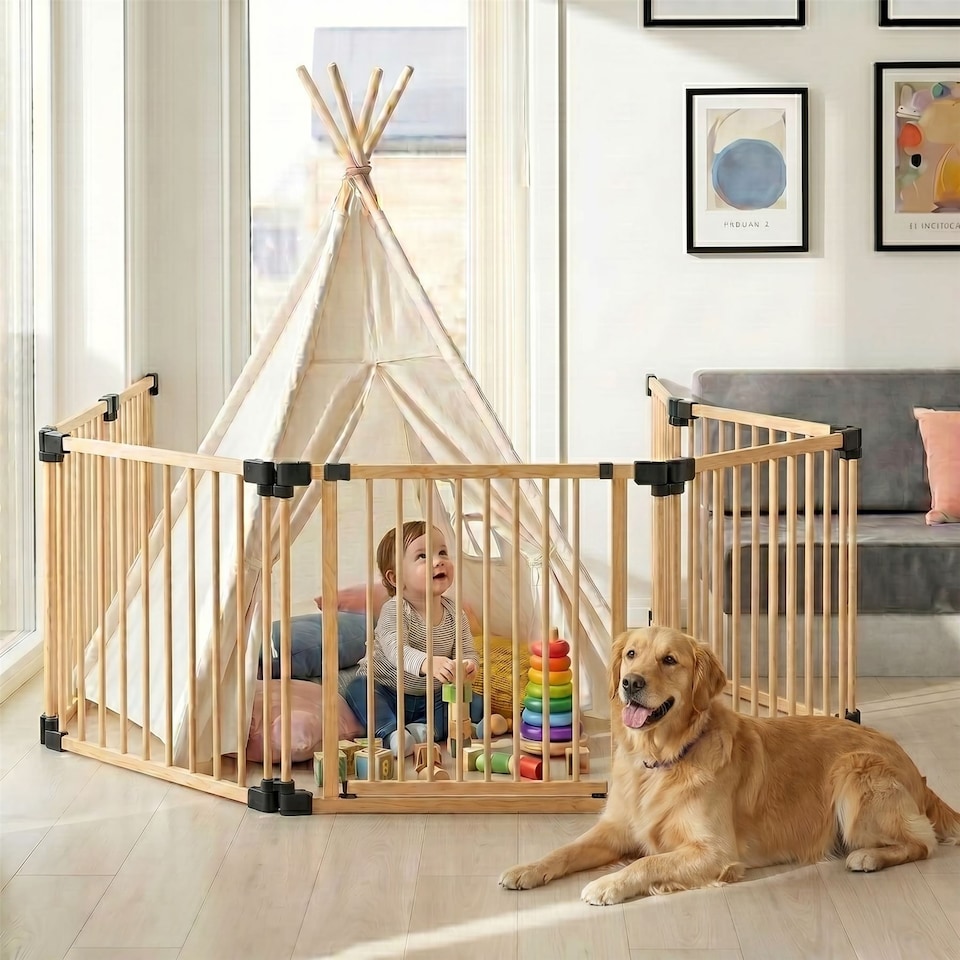 image 1 of Bettacare Wooden Multi Panel Flexible Pet Barrier, Natural Wood, up to 256cm Wide, Dog Barrier for Pets Dogs and Puppy Cream | Natural