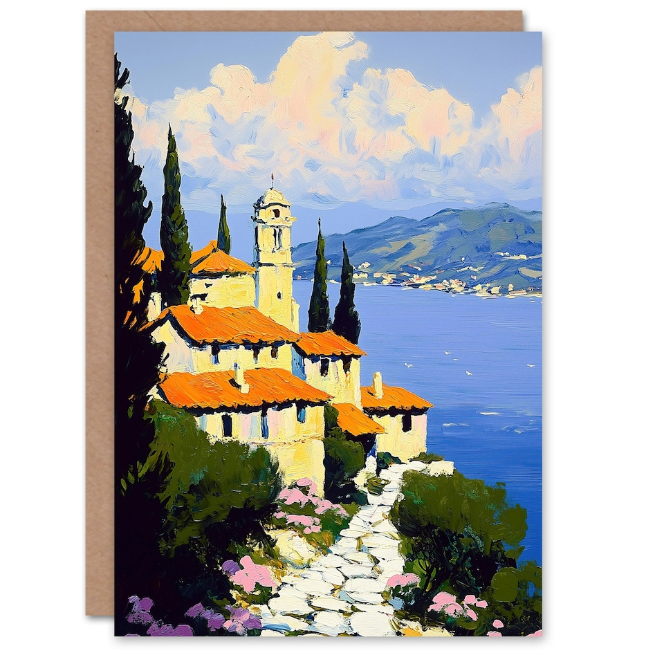 image 1 of Christian Church Coastal Cliff Italy Landscape Birthday Greeting Card