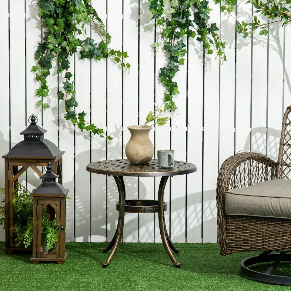 image 1 of Outsunny 60cm Round Hollow Top Design Side Table with Cast Aluminum Frame